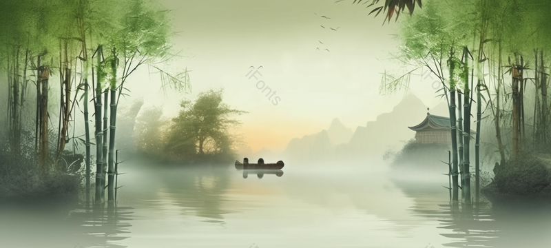 夏天夏季中国风绿竹竹叶湖泊上无人的小船端午节山水画户外插画背景,插画/手绘图,插画/手绘图库,插画/手绘图下载,插画/手绘